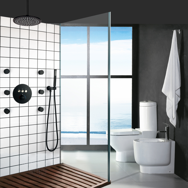 Luxo preto fosco banheiro redondo chuvas chuveiro conjunto de alta qualidade latão handheld banheira bico combinação