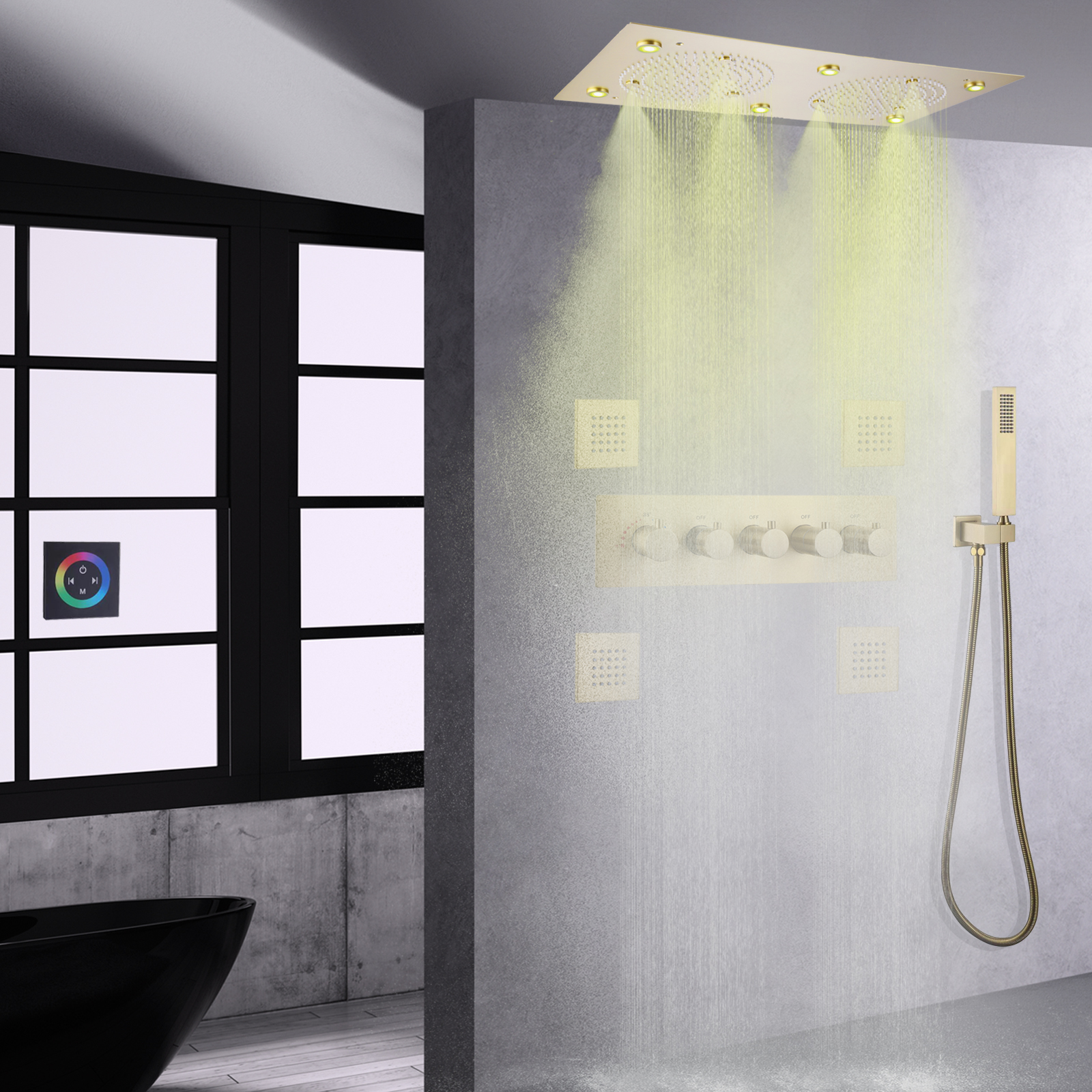 Conjunto de sistema de chuveiro LED dourado escovado, chuveiro termostático, chuveiro de chuva, cabeça de massagem
