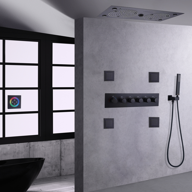 Conjunto de torneira termostática preta fosca para chuveiro, 620*320mm, led com recursos musicais, conjunto combinado de chuveiros de banheiro com portátil