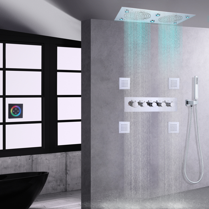 Conjunto de torneiras de chuveiro polidas cromadas 620 * 320 mm LED banheiro termostático misturador de chuveiro oculto com portátil