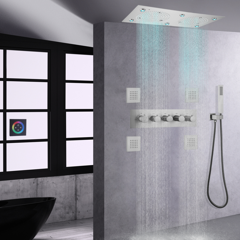 Conjunto de torneira termostática de chuveiro de níquel escovado 24 * 12 polegadas LED conjunto de combinação de chuveiros de massagem embutidos no teto do banheiro