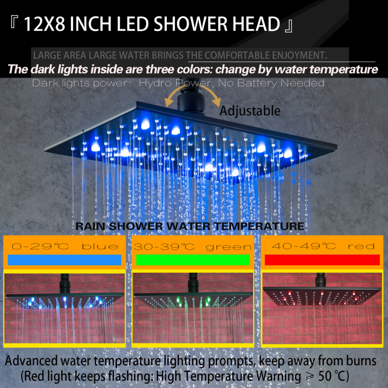 Preto fosco 28x18cm misturador de chuveiro led 3 cores mudança de temperatura banheiro montagem na parede chuveiro chuvas