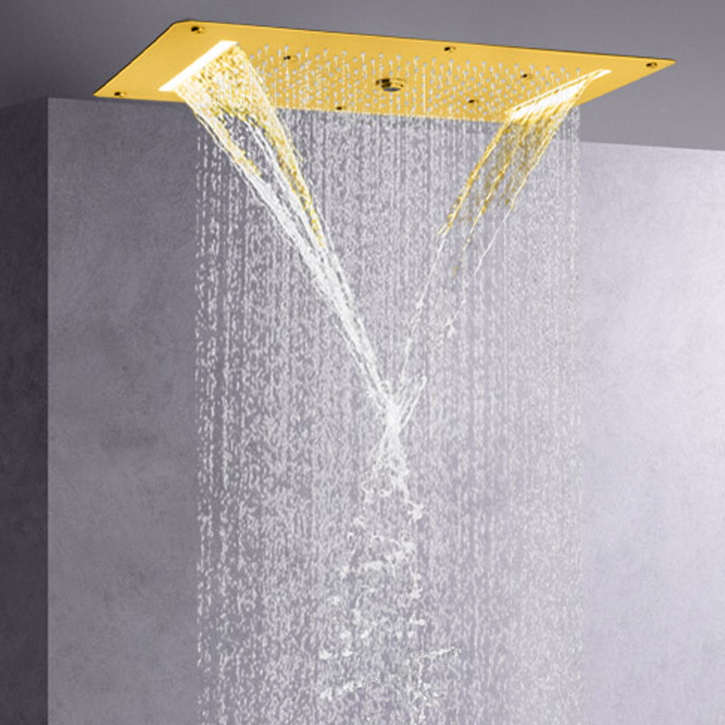 Luxo escovado ouro cabeça de chuveiro 70x38 cm led banheiro massagem chuveiro cachoeira chuvas atomização bolha