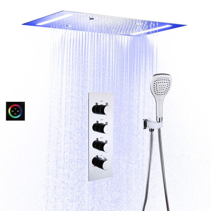 SUS304 50 * 36 cm LED Cabeça de chuveiro Banheiro Chuveiro termostático atomizador cromado polido conjunto de torneira de chuveiro