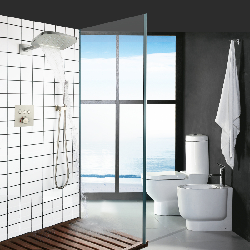 Conjunto de misturador de chuveiro termostático de níquel escovado para banheiro com cascata superior e portátil