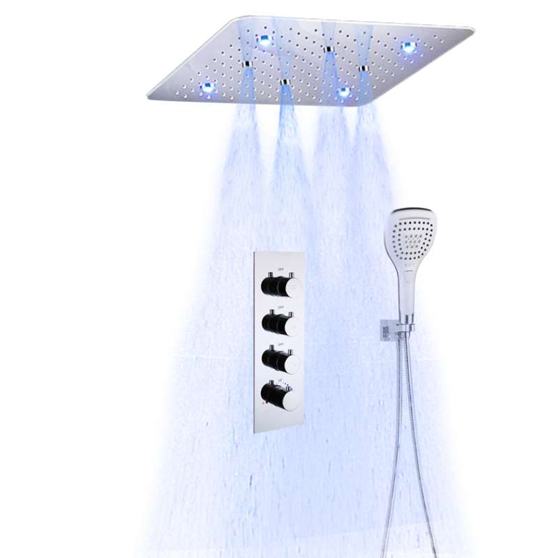 Chuveiro cromado com led polido, 500x500mm, montado no teto, névoa de chuva, sistema de conjunto de chuveiro led termostático