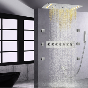 Níquel escovado LED Sistema de chuveiro termostático de alto fluxo Conjunto de misturador de chuveiro oculto de chuva para banheiro