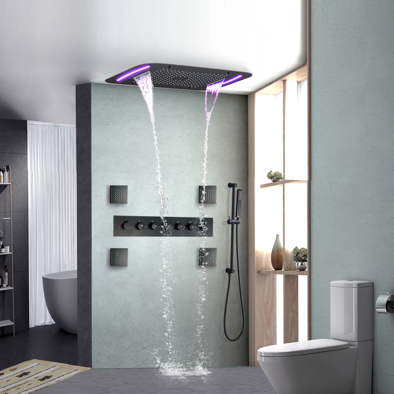 Torneira termostática de bronze friccionado a óleo, 71x43 cm, luxo, banheiro, led, massagem, chuva, spray, conjunto de chuveiro