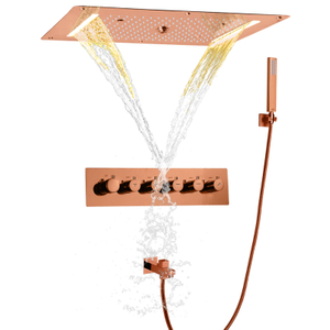 Chuva de teto LED 700X380 MM Cabeça de chuveiro com spray portátil para ocultar conjunto de banho termostático em ouro rosa