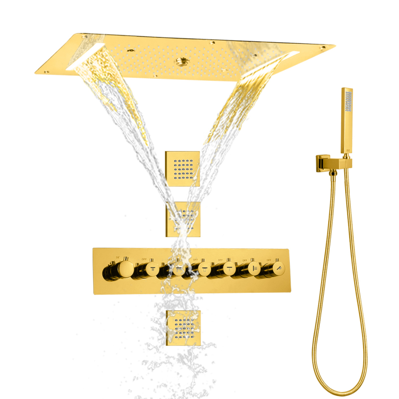 Ouro polido controle termostático chuveiro de teto chuvas painel portátil massagem chuveiro conjunto