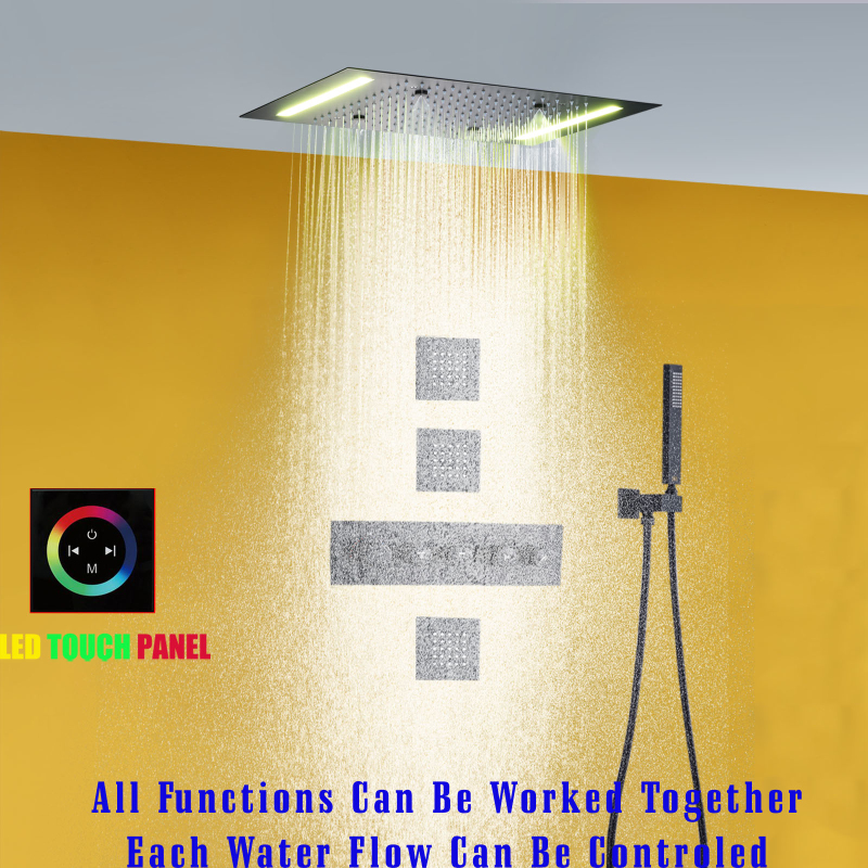 Conjunto de chuveiro de chuva preto fosco 14 x 20 polegadas LED Cabeça de chuveiro de latão termostático de luxo moderno