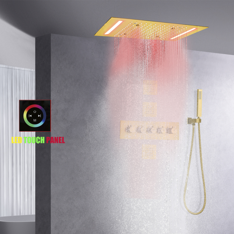 Cabeça de chuveiro de chuva de ouro escovado com sprays manuais termostática 14 x 20 polegadas conjunto de torneira de chuveiro LED montado no teto