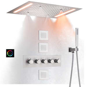 Conjunto de sistema de chuveiro LED de chuva escovado 14 x 20 polegadas retângulo montado no teto grande banheiro luxuoso cabeça de chuveiro