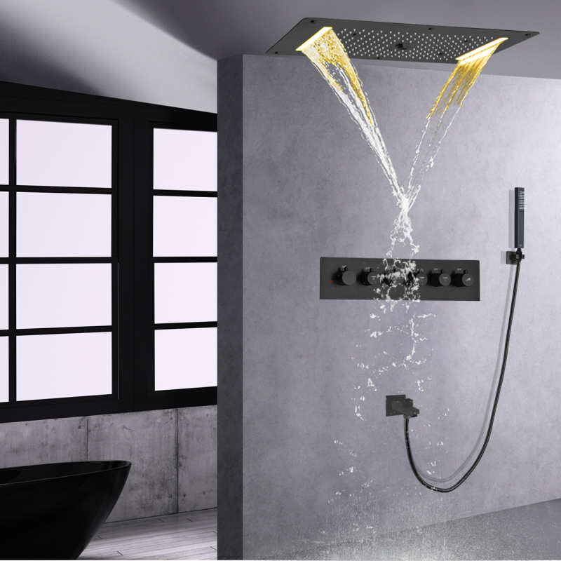 Chuveiro de chuva preto fosco 700x380 mm LED termostático banheiro chuveiro misturador chuva cachoeira conjunto de chuveiro