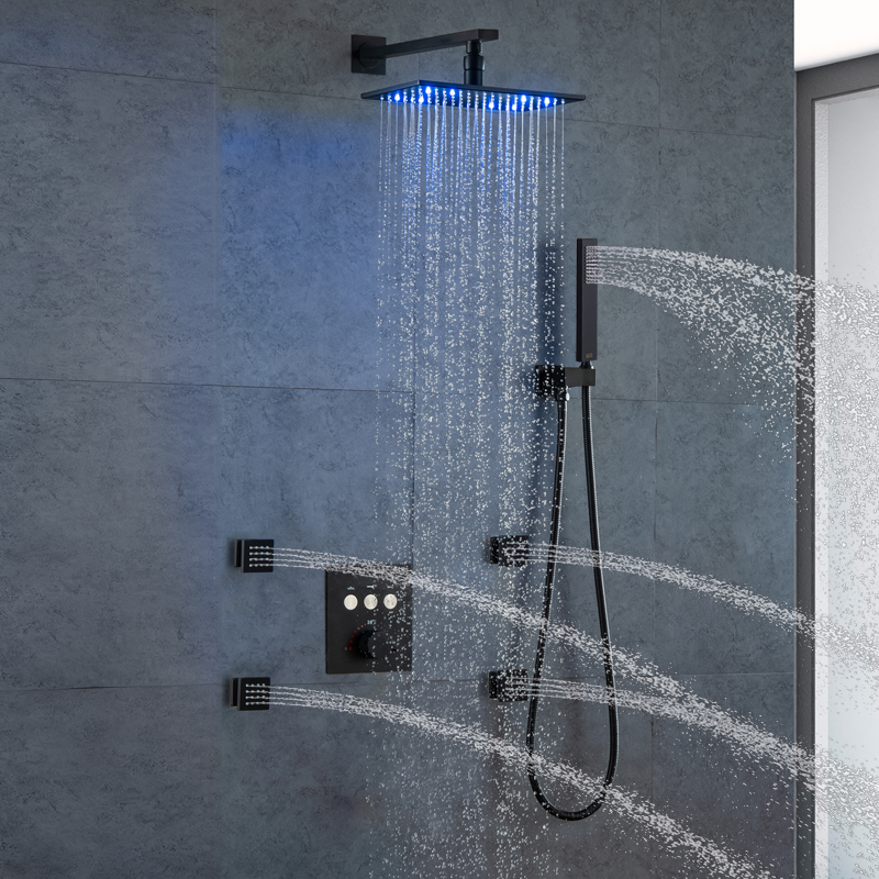 Conjunto de chuveiro de chuva de luxo preto termostático montado na parede 8x12 Polegada led chuvas chuveiro corpo conjunto combinação