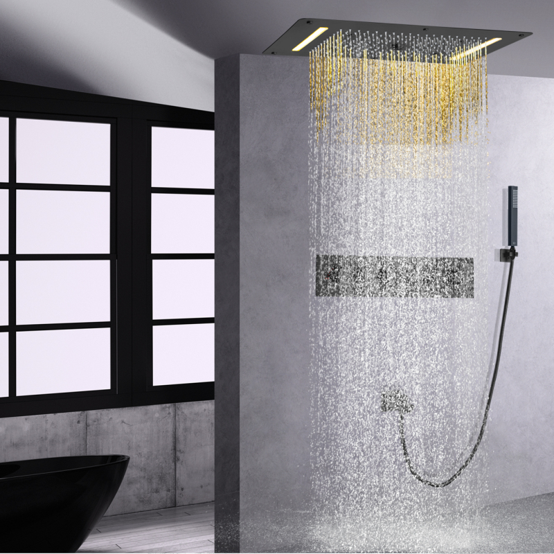 Preto fosco termostática banheira chuveiro torneira conjunto teto banho cachoeira spray bolha chuva led cabeça de chuveiro com mão