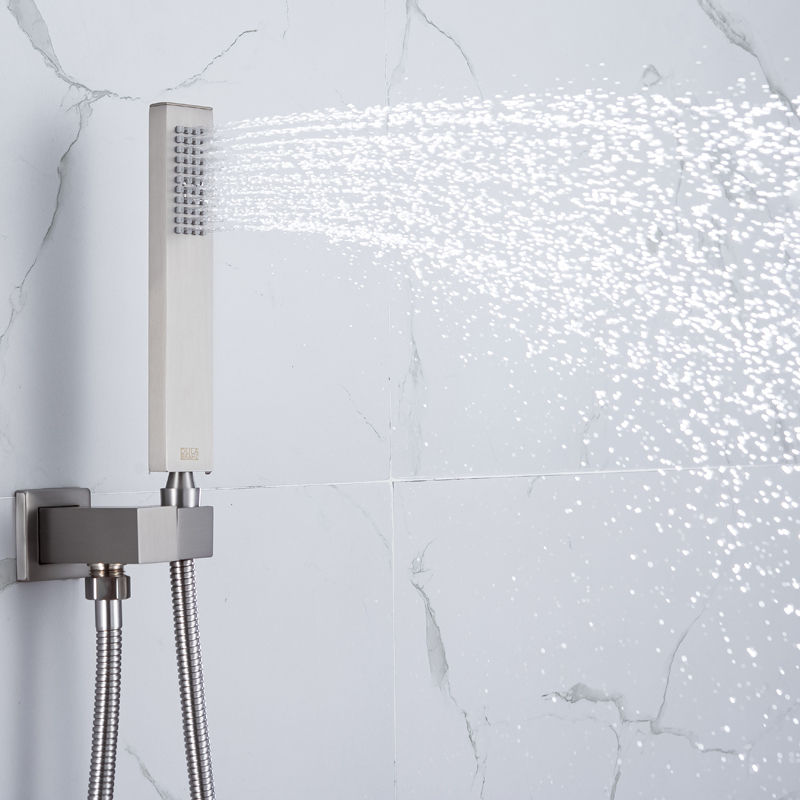 Sistema de chuveiro termostático de níquel escovado 14 x 20 polegadas LED torneira do banheiro chuveiro névoa chuvas