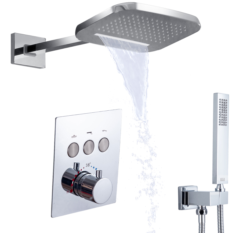 Sistema de chuveiro termostático preto fosco cachoeira e chuva com conjunto de combinação de spa de chuveiro de mão