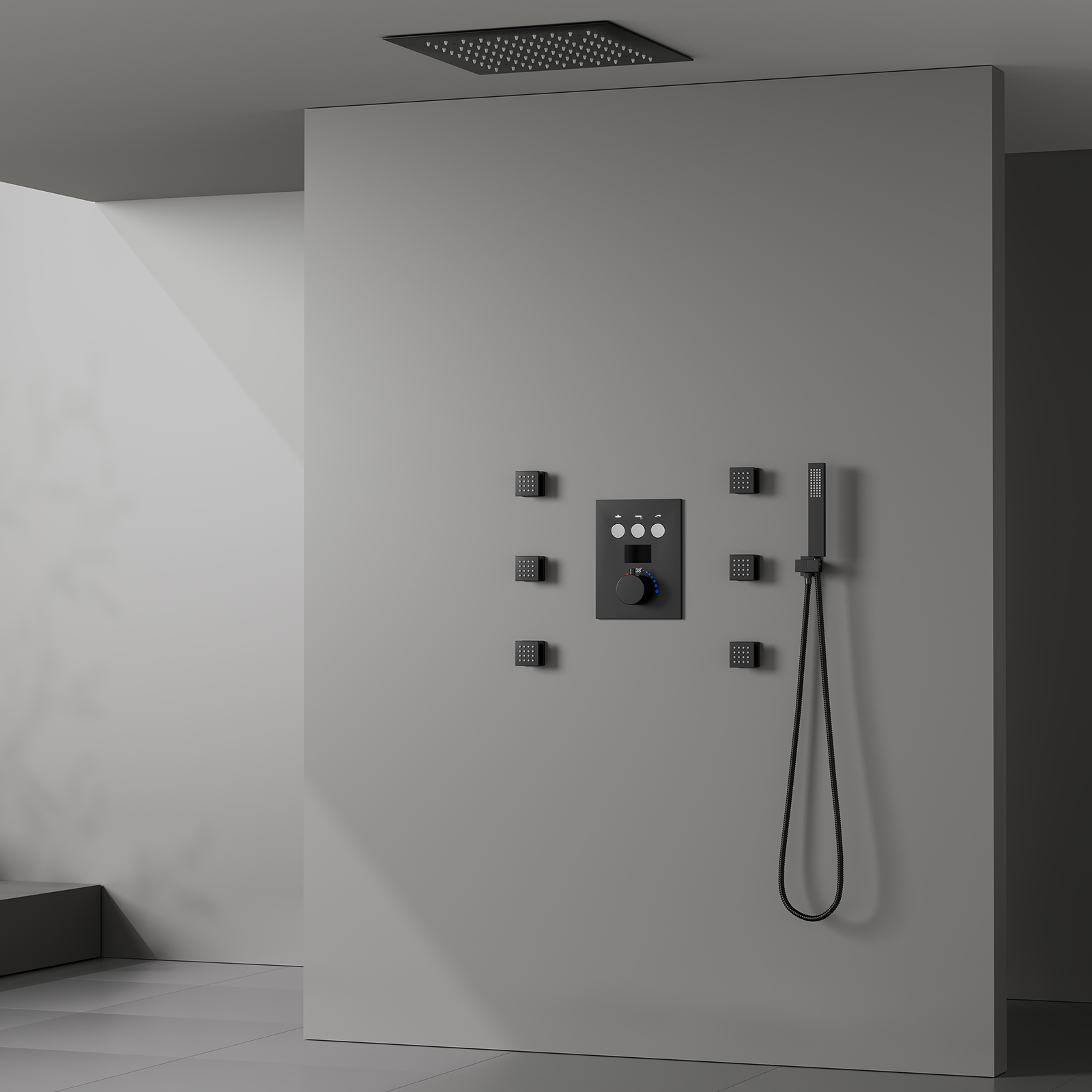 Termostato 64 LED Sistema de chuveiro de chuva colorido com 3 botões de função Conjunto de torneiras de válvulas de chuveiro com display digital