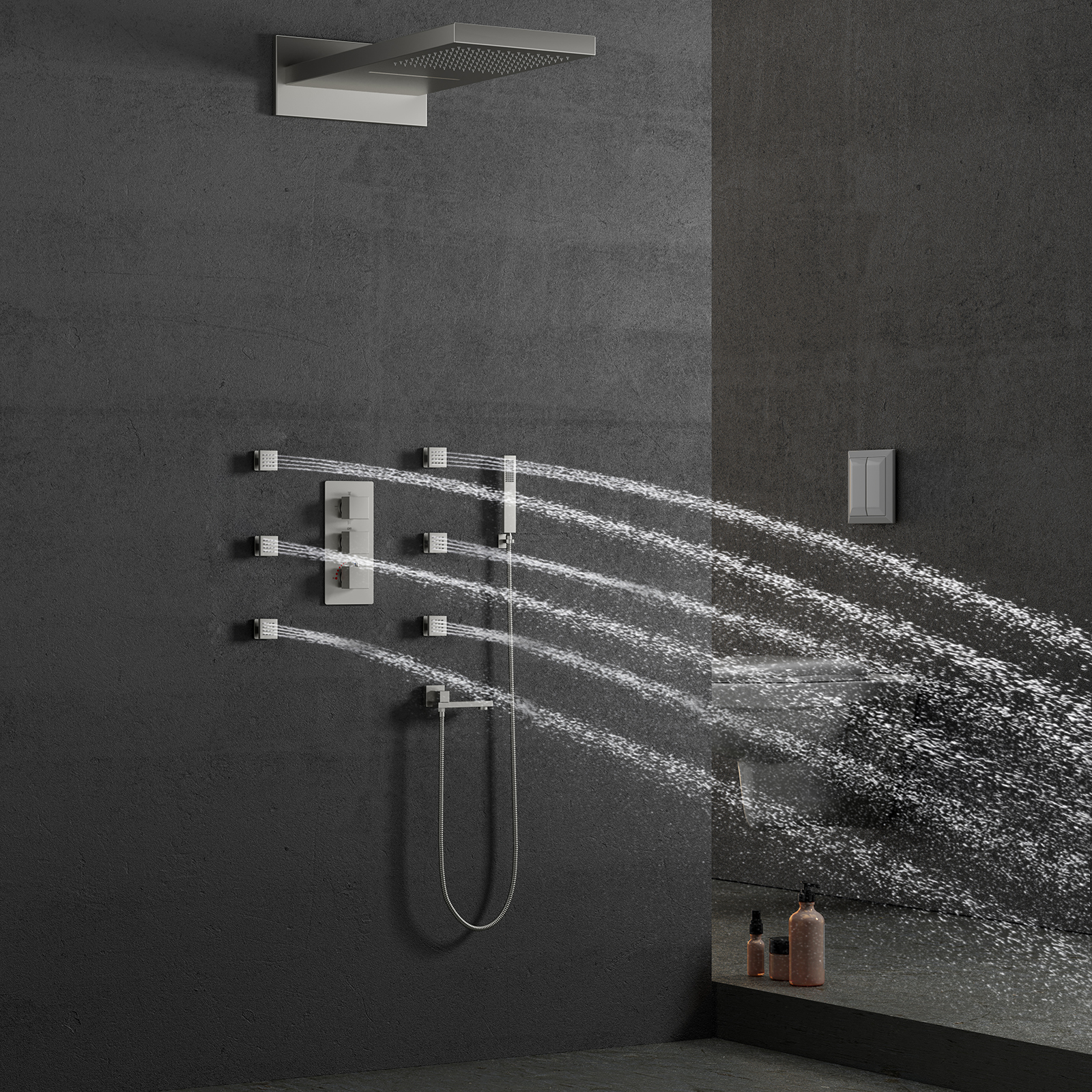 Luxo escovado latão termostática válvula de chuveiro cachoeira floresta tropical massagem spa torneira do chuveiro conjunto