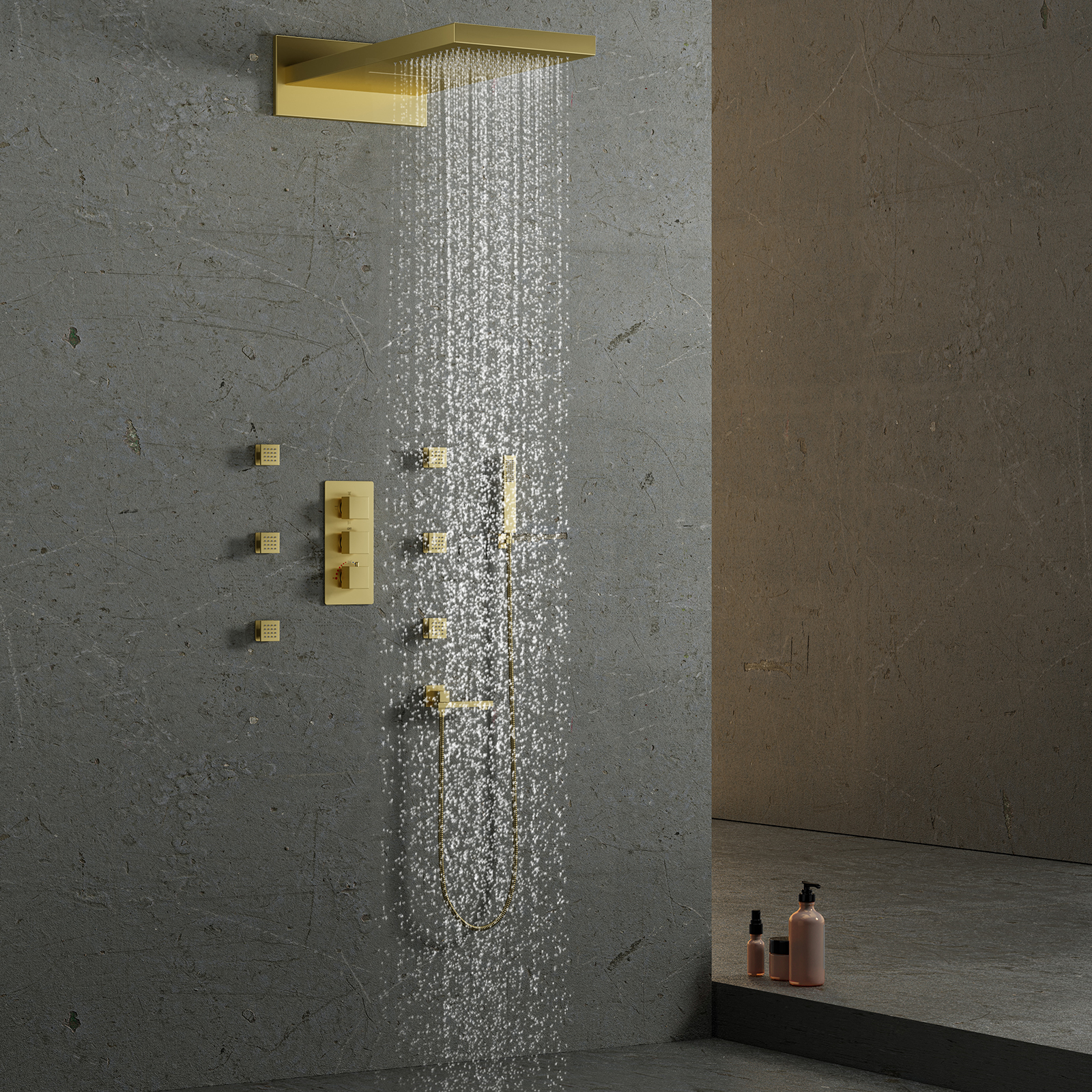Conjunto de cabeça de chuveiro dourado luxuoso, misturador, chuveiro, cascata, com torneira quadrada moderna e portátil