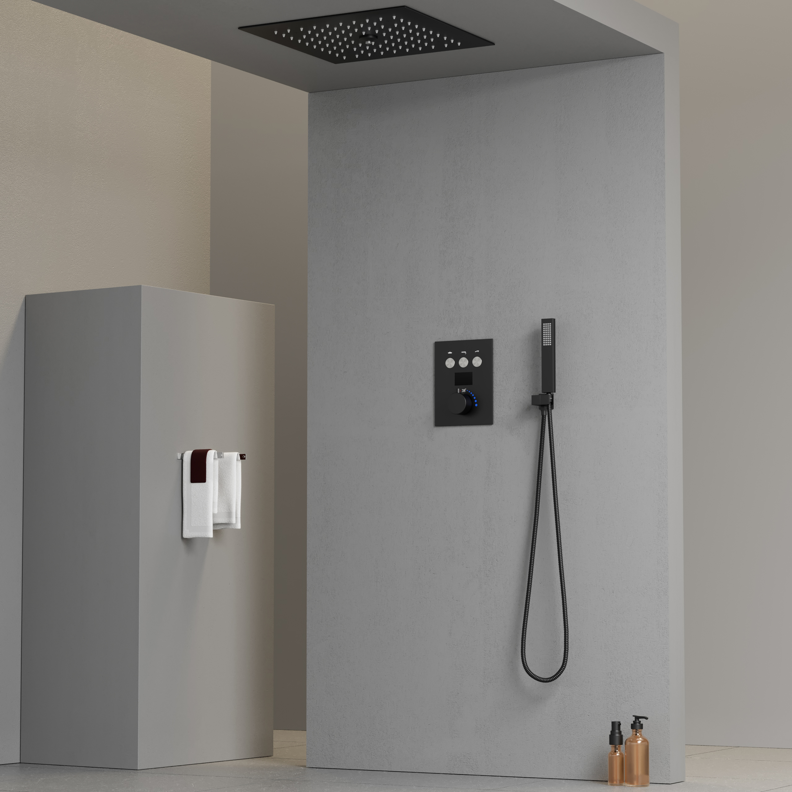 Conjunto de cabeça de chuveiro de chuva LED quadrado preto fosco Sistema de chuveiro termostático para banheiro