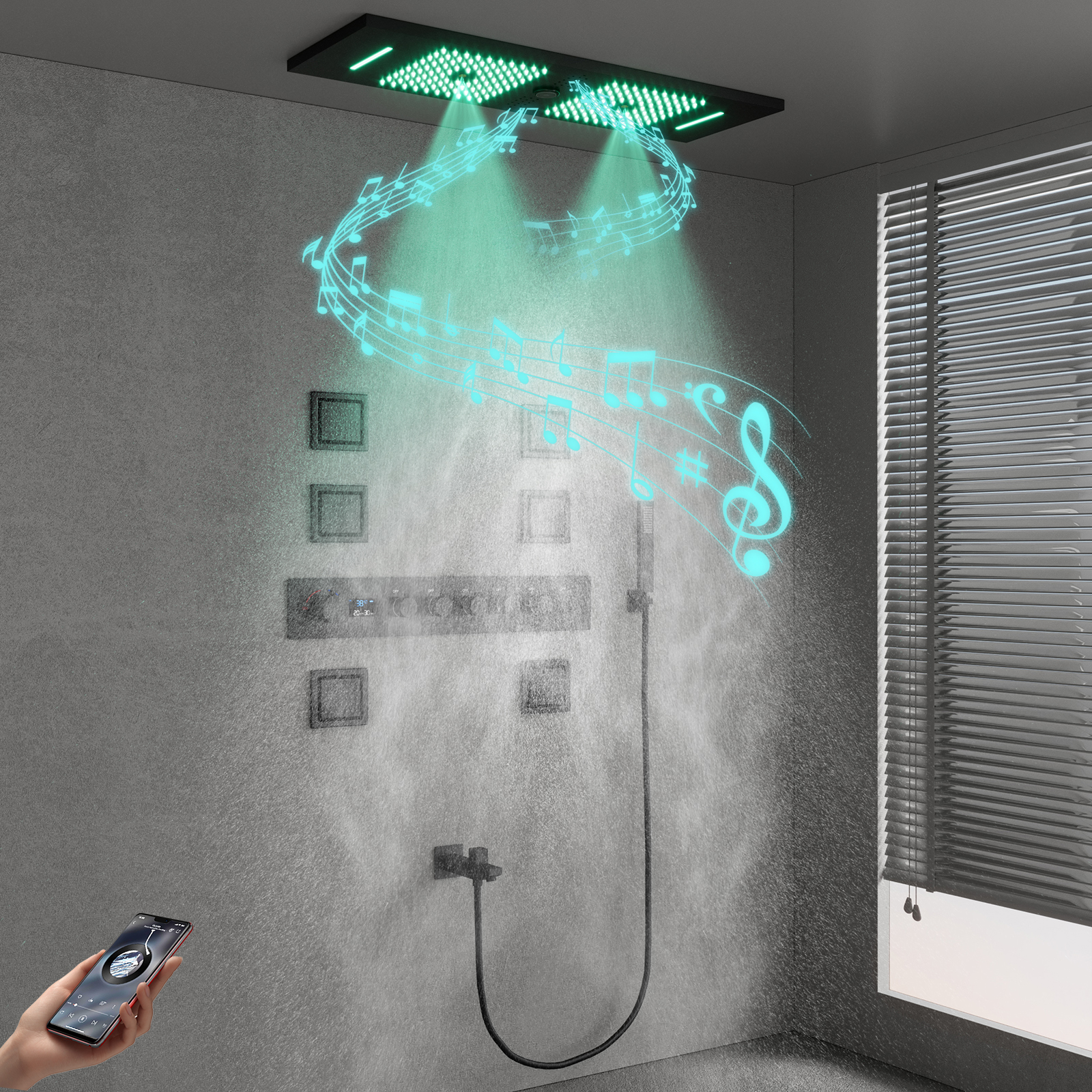 900X300MM Matte Black Bluetooth Music LED Sistema de válvula de chuveiro é dividido em conjunto de chuveiro oculto