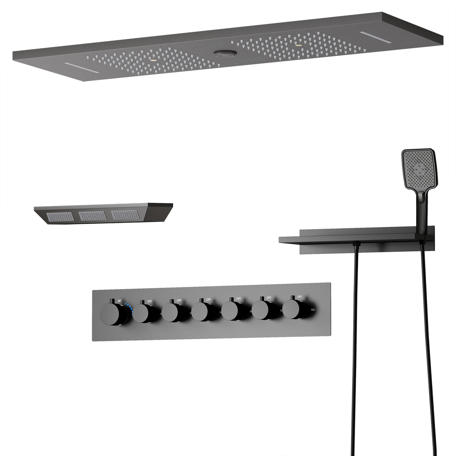 Conjunto de cabeça de chuveiro com pistola quadrada montada no teto, cinza, LED, música, spray de chuva, termostato, torneira com chuveiro lateral