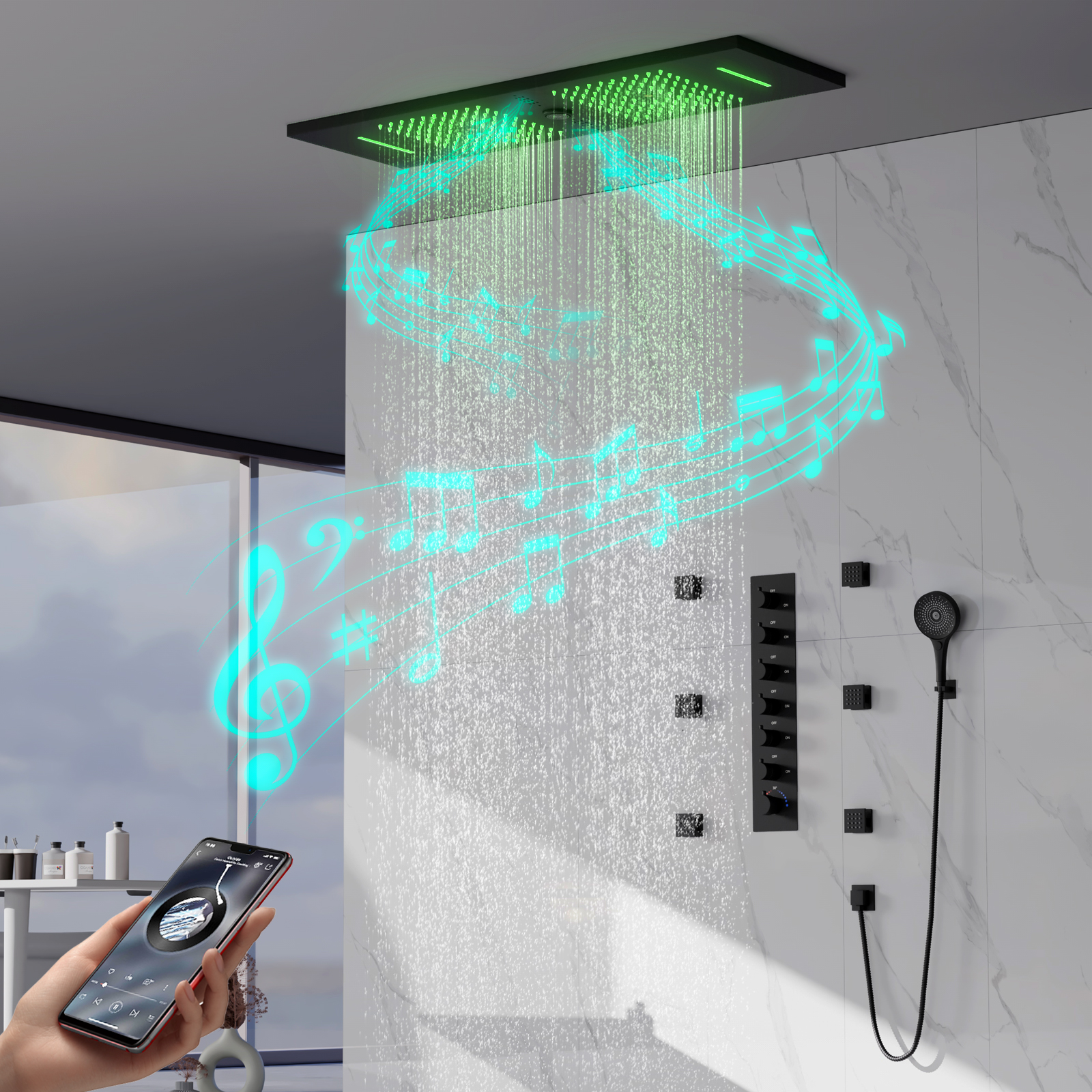 Cabeça de chuveiro moderna led chuva cabeça de chuveiro escondida cabeça de chuveiro do banheiro sistema de chuveiro música