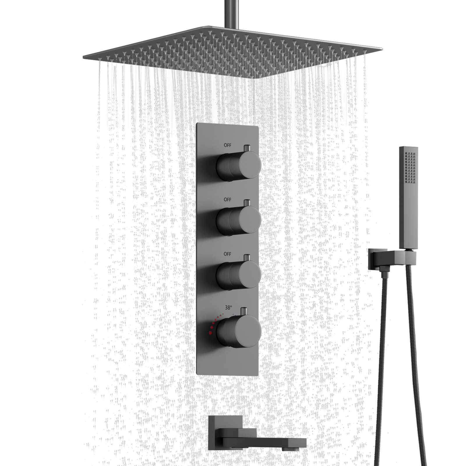 Sistema de chuveiro de efeito chuva para banheiro com 3 funções cinza arma de latão com cabeça de chuveiro e conjunto de mangueira