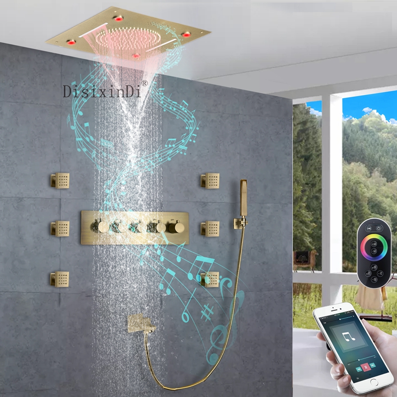 Sistema de chuveiro led com alto-falante música 16 Polegada montado no teto chuva cachoeira chuveiros banheiro termostática led chuveiro conjunto