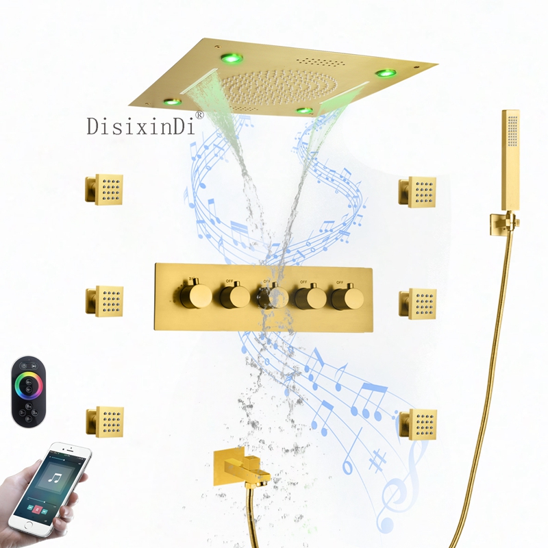 Conjuntos de banho e chuveiro com música LED Luxo escovado ouro 16 polegadas teto cachoeira chuveiro com cabeça de chuva