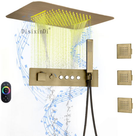 Sistemas de chuveiro luxuosos de latão antigo com música LED 23 * 15 cabeças de chuveiro para banheiro termostática chuva cascata conjunto de torneira de chuveiro