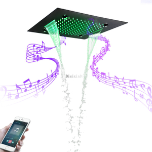 Preto fosco 3 funções 500 * 500mm LED Cabeça de chuveiro para banheiro com alto falante musical Sistema de chuveiro em cascata