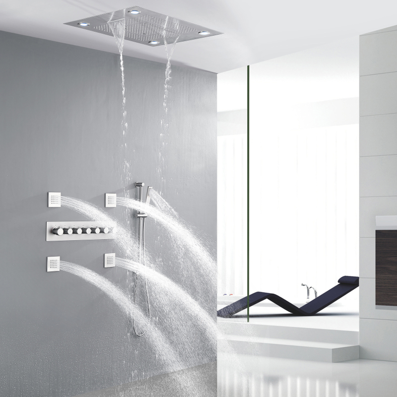 Moderno níquel escovado LED torneira de chuveiro multifuncional termostática cachoeira chuva massagem com suporte manual