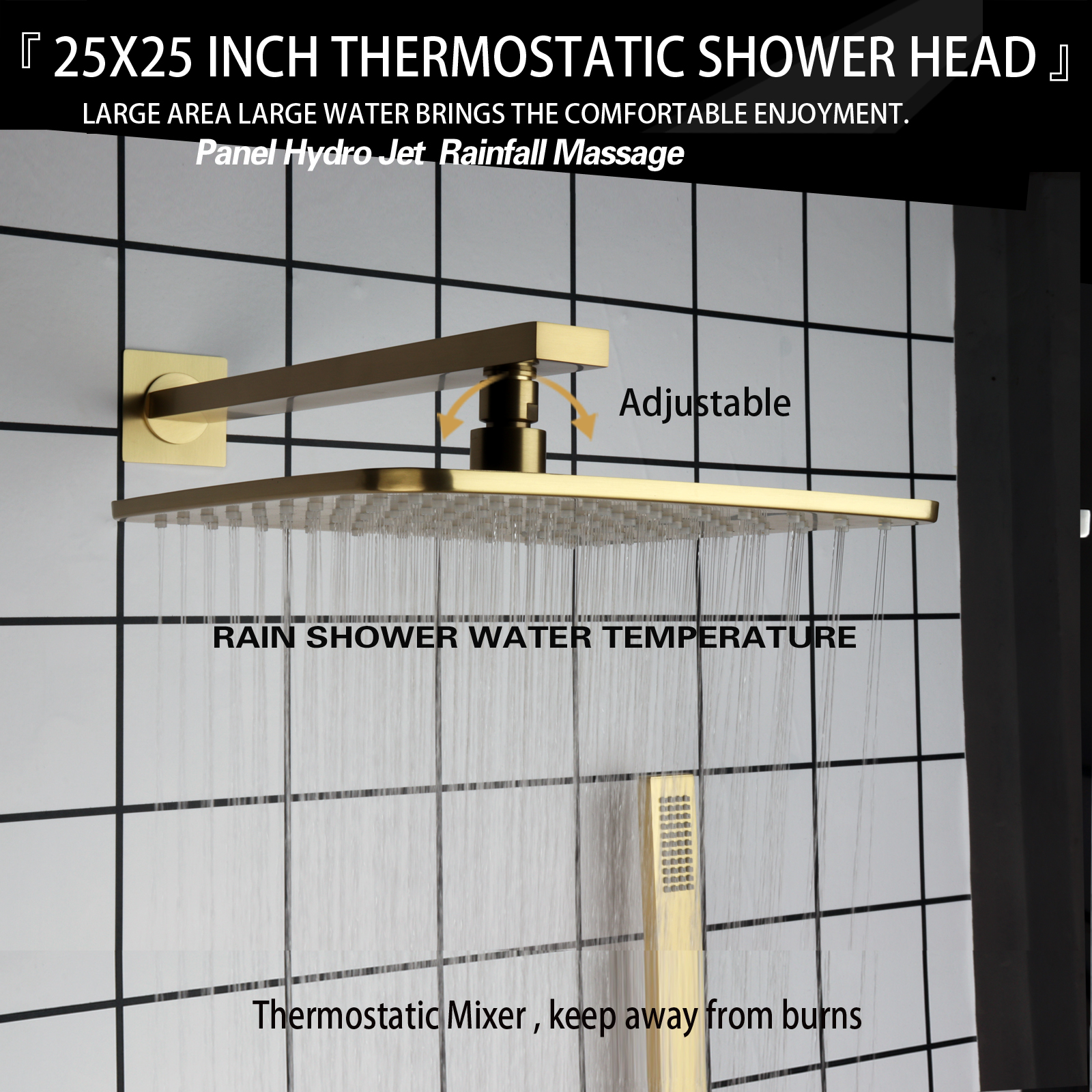 Conjunto de chuveiro oculto de ouro escovado, parede do banheiro, chuvas termostáticas, chuveiro de mão de alta pressão