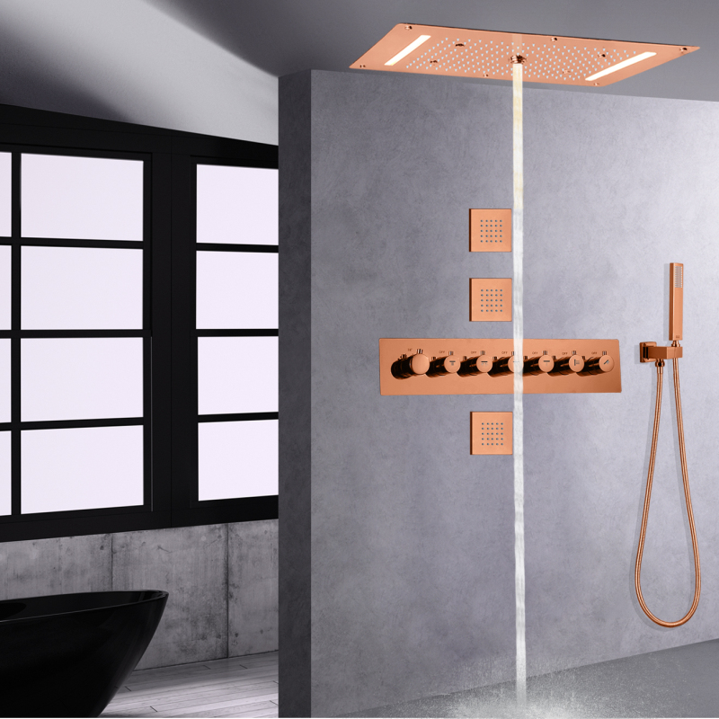 Moderno sistema de chuveiro termostático rosa ouro led chuvas do banheiro cachoeira mão segurar spa chuveiro