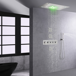 Cabeça de chuveiro de chuva de níquel escovado com spray portátil termostático 14 x 20 polegadas LED conjunto de combinação de cachoeira e chuva