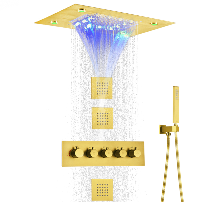 O chuveiro de chuva escovado do banheiro do ouro ajustou a cachoeira do fluxo alto do sistema termostático de 14 x de 20 polegadas
