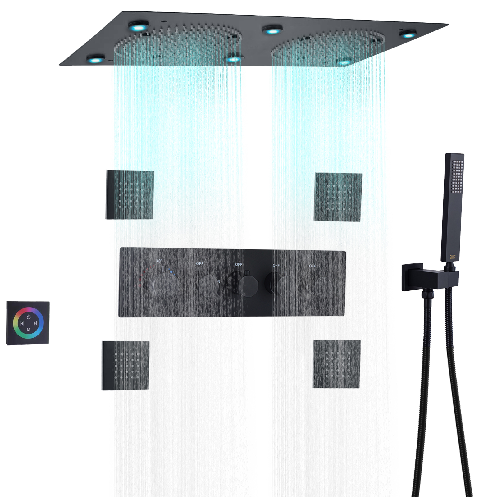 Preto fosco top-end embutido teto banho misturador de chuveiro 7 cores led termostática chuvas massagem douche