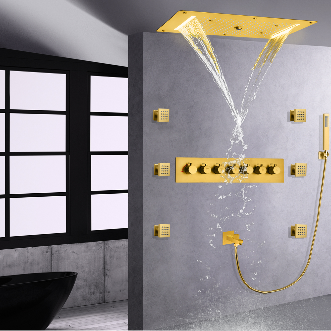 Ouro escovado LED misturador de chuveiro oculto chuva cachoeira chuveiro banheira bico conjunto combinado portátil