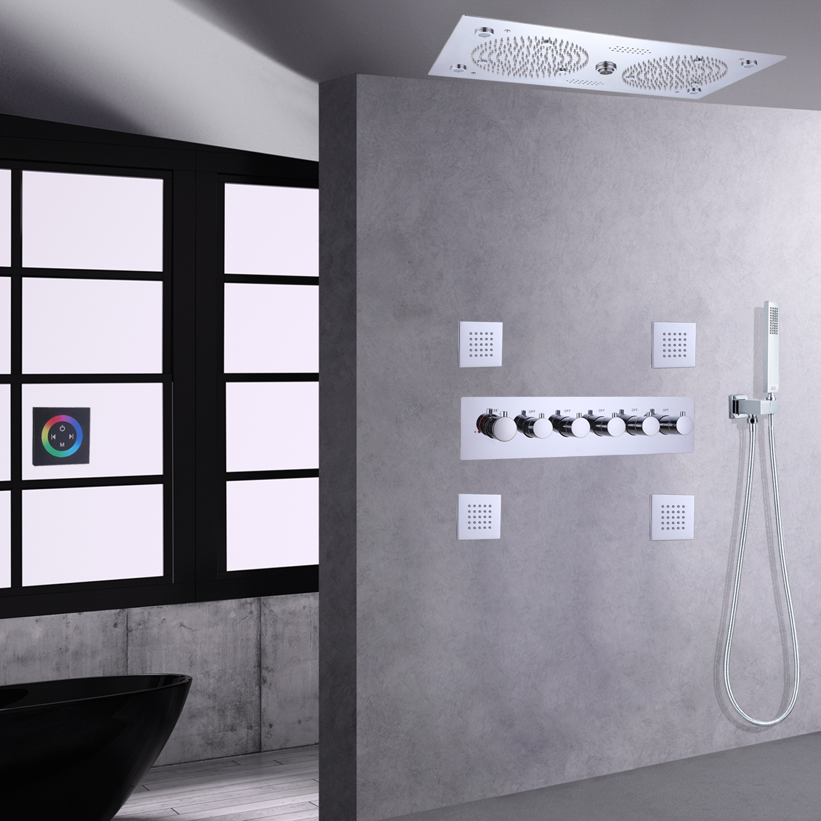 Conjunto de torneira termostática cromada para chuveiro, banheiro com recursos musicais, sistema de chuveiro portátil de latão