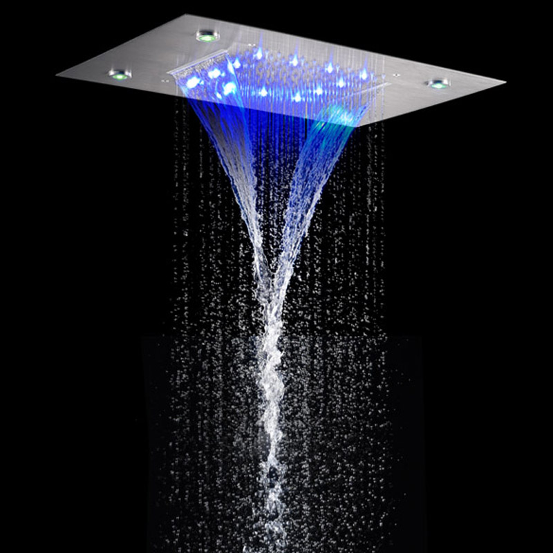 Misturador de chuveiro de níquel escovado 50X36 CM LED Banheiro bifuncional cascata chuva com mudança de temperatura de 3 cores