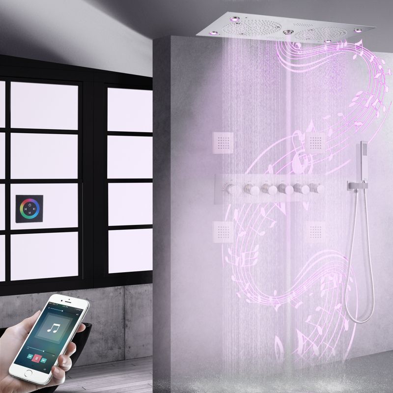 Conjunto de sistema de chuveiro termostático de níquel escovado, 620*320mm, led, banheiro com música, massagem multifuncional, chuveiro de banho completo