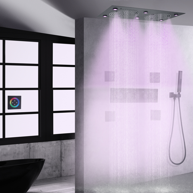 Conjunto misturador de chuveiro termostático preto fosco 24*12 Polegada LED banheiro multifuncional sistema de chuveiro oculto de chuva