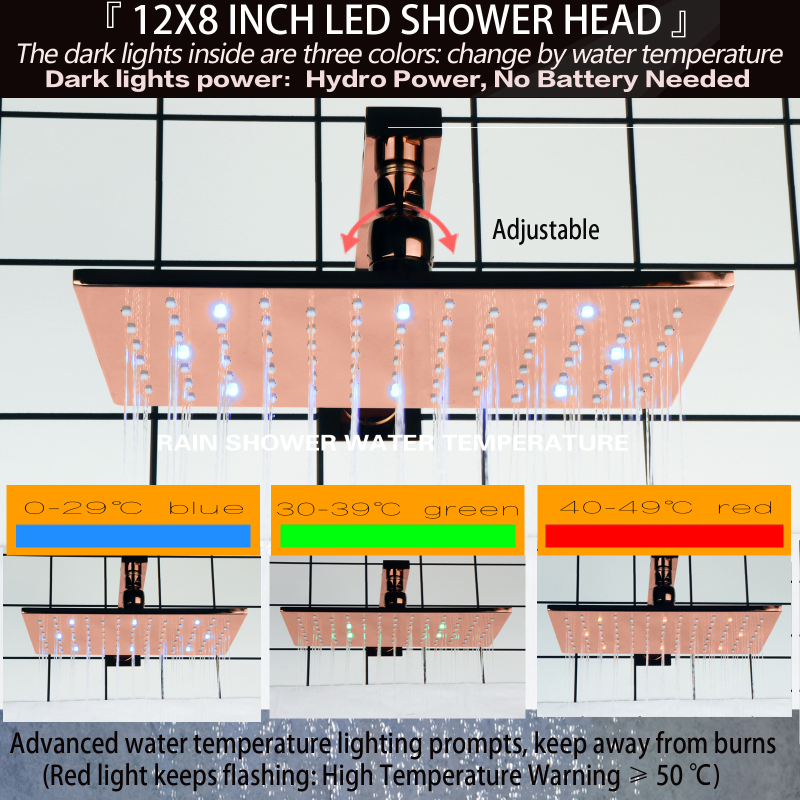Ouro rosa 28X18CM Banheiro Chuveiro LED 3 cores Mudança de temperatura Montagem na parede Chuvas