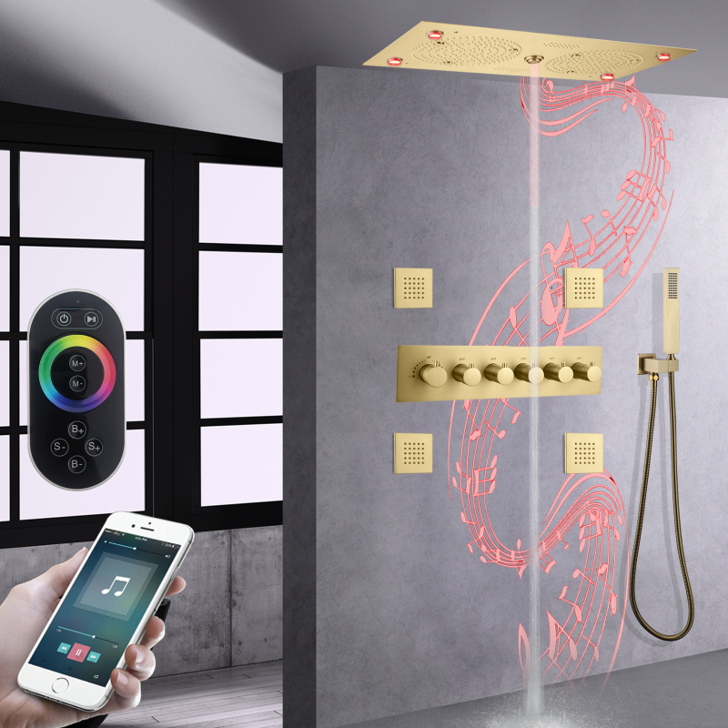 Luxo escovado ouro termostática cabeça de chuveiro conjunto 620*320mm led banheiro com música características massagem chuveiro bico