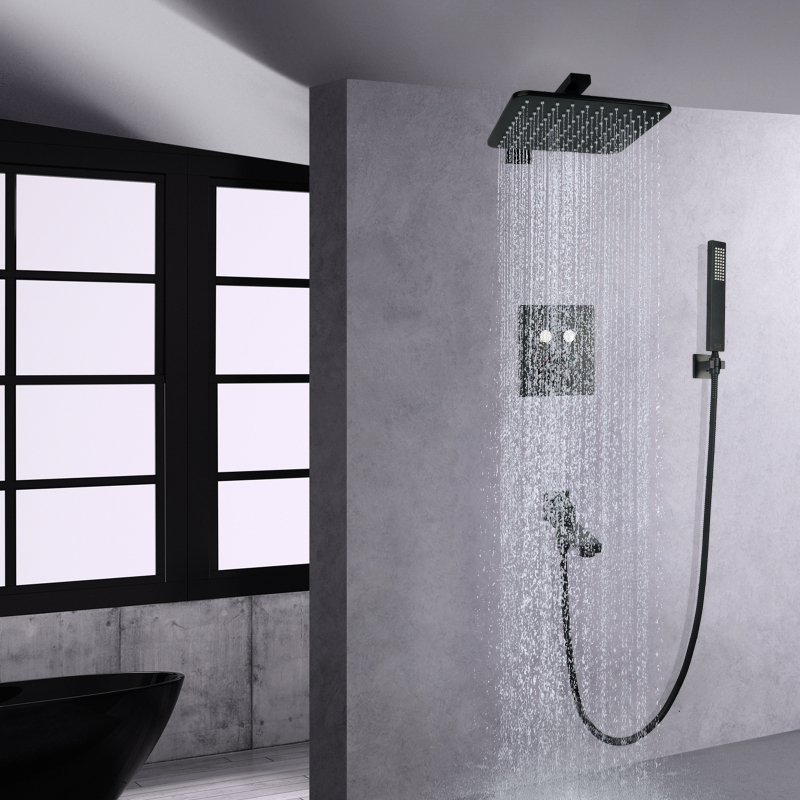 Venda quente preto fosco sistema de chuveiro chuvas termostática 10 Polegada banheiro fixado na parede conjunto chuveiro inferior saída água