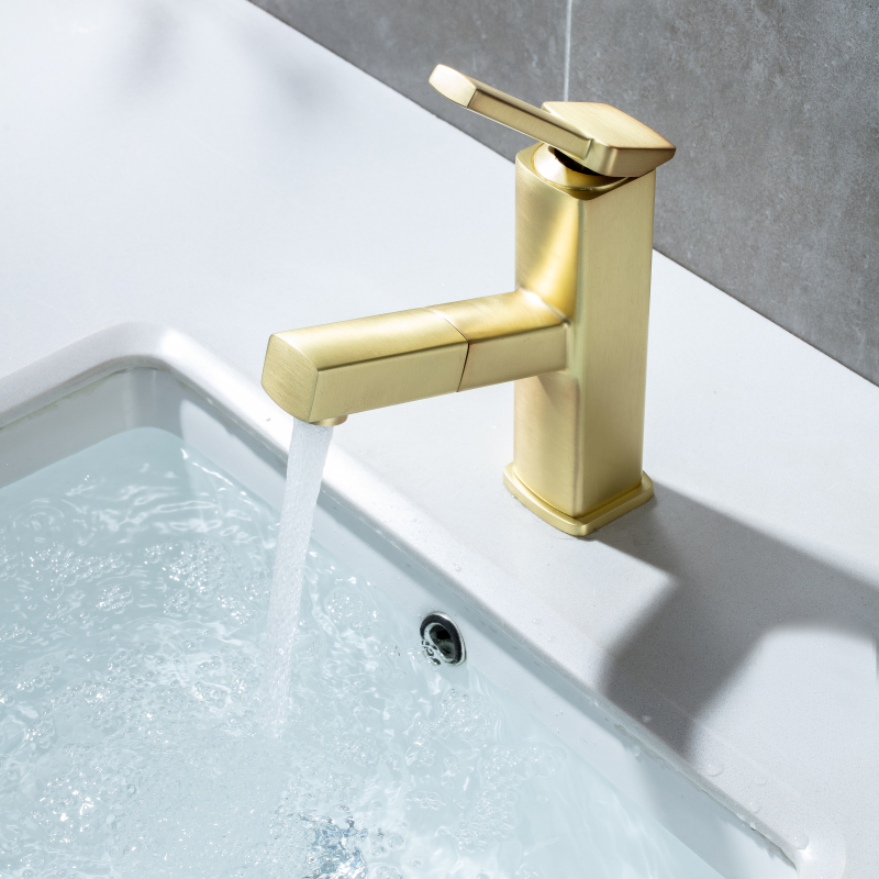Ouro escovado de alta qualidade pull out torneira da bacia do banheiro torneira quente e fria pia