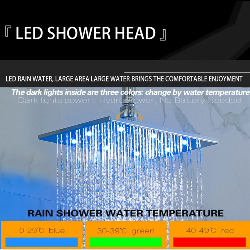 Misturador de chuveiro cromado polido 28X18CM LED 3 cores que muda de temperatura para banheiro montagem na parede chuveiro chuvas